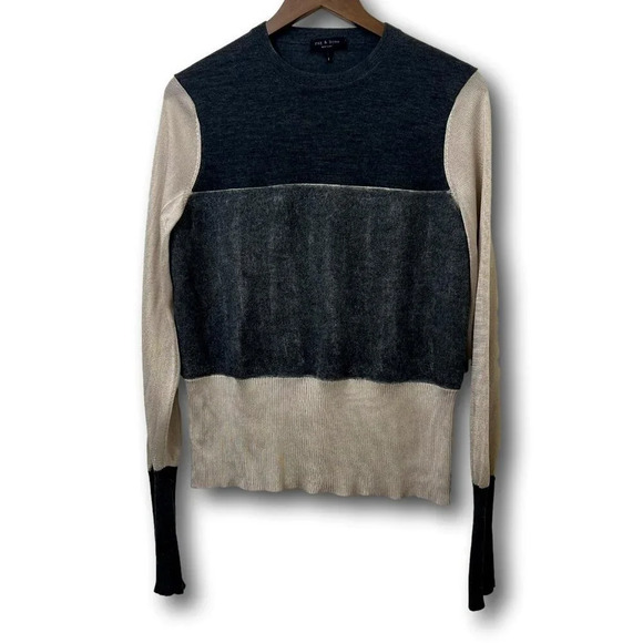 Rag & Bone Sweater Blouse Colorblock Long Sleeve Knitted Gray Cream Size Large - Picture 5 of 10